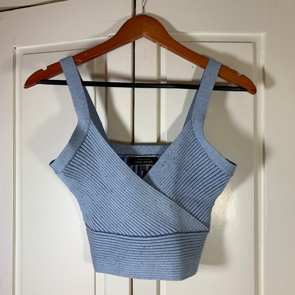 Blue Blush Ribbed Knit Crop Top Sleeveless Wrap Front Blue Size Medium Festival